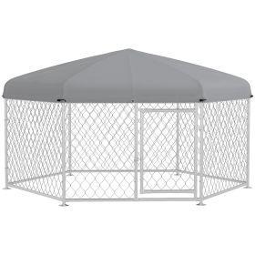 PawHut 6.9' x 6.1' x 4.9' Dog Kennel Outdoor Dog Run with Waterproof, UV Resistant Roof, Lockable Door, for Medium and Large-Sized Dogs, Silver (Color: as Pic)